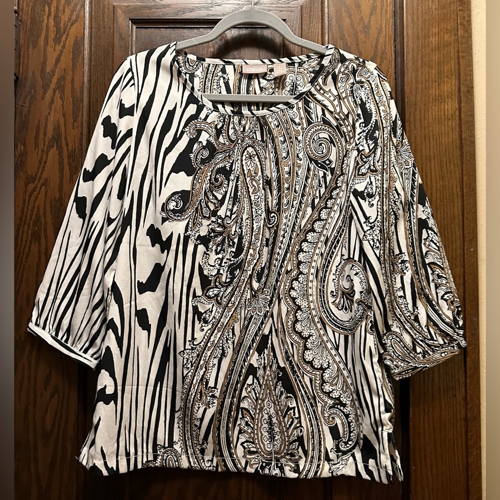 Chicos White Black Tan Pullover Round Neckline 3/4 Sleeve Women’s Top, Size 1